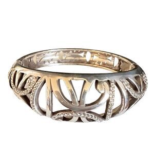 Brighton Silver T Rhinestone Scroll Swirl Butterfly Flower Hinge Bracelet 1351